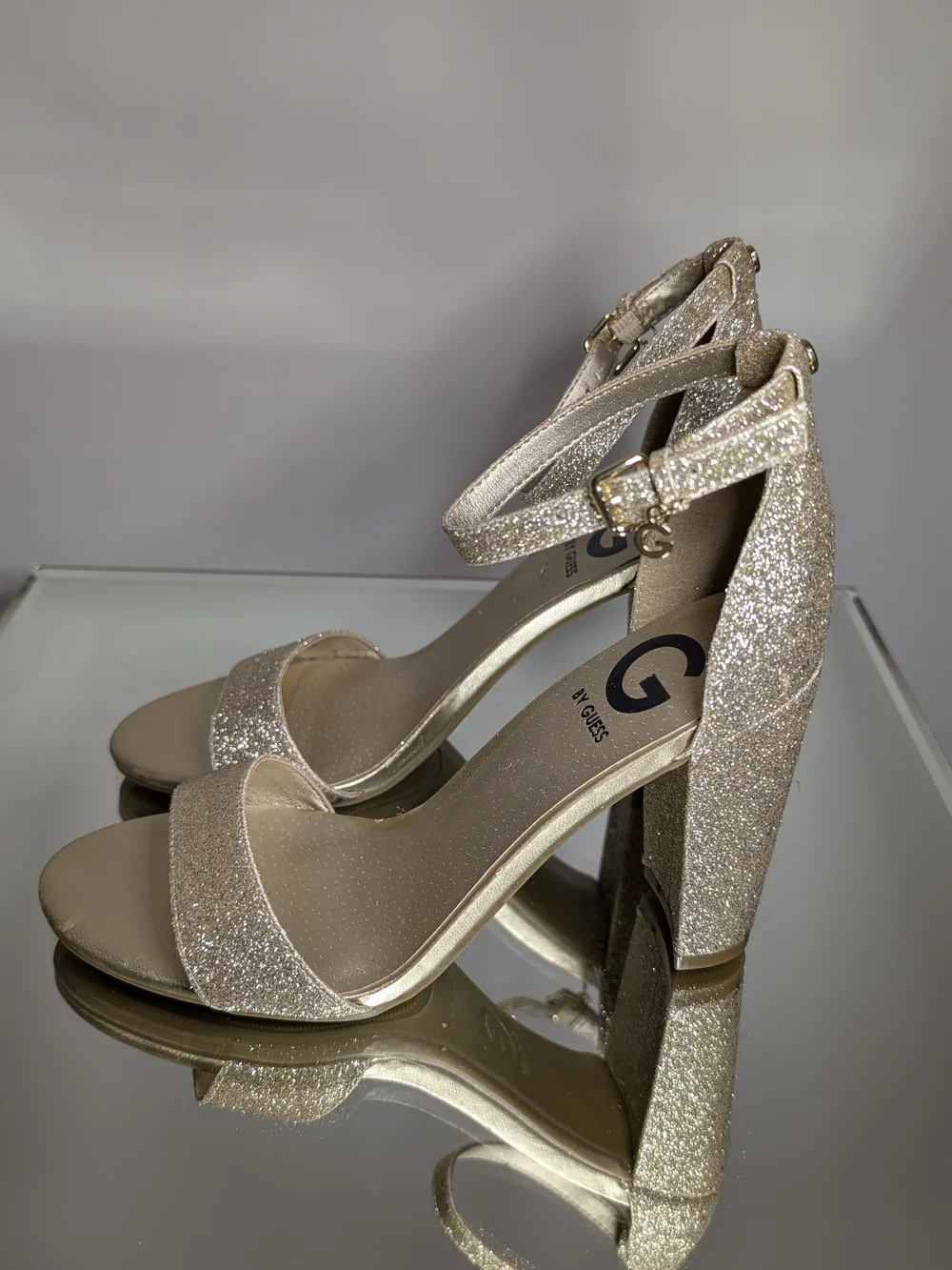 G by GUESS Gold Glitter Ankle-Strap Sandals for Women
